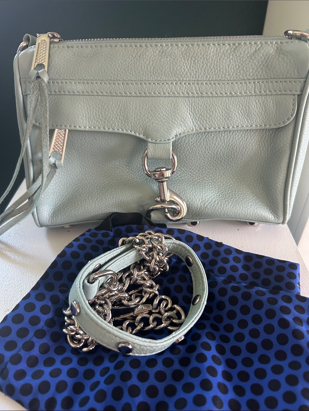 Mint Green Leather Crossbody with Silver Chain Strap